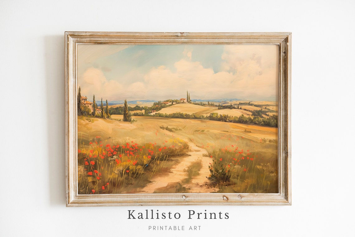 Rolling Tuscan Hills Poppy Field Dirt Path Summer Landscape Poster