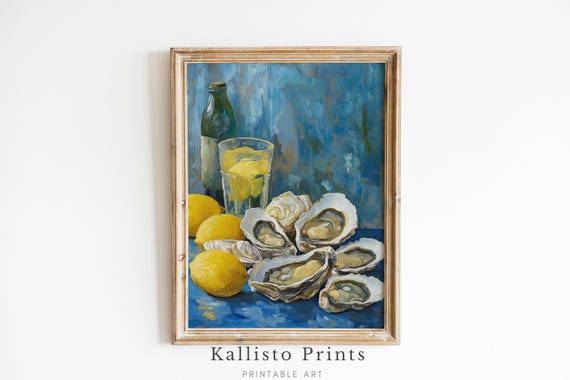 Oyster And Lemon Still Life Coastal Kitchen Art Blue Nautical Food Painting Seafood Lover Gift Rustic French Cafe Wall Print 942