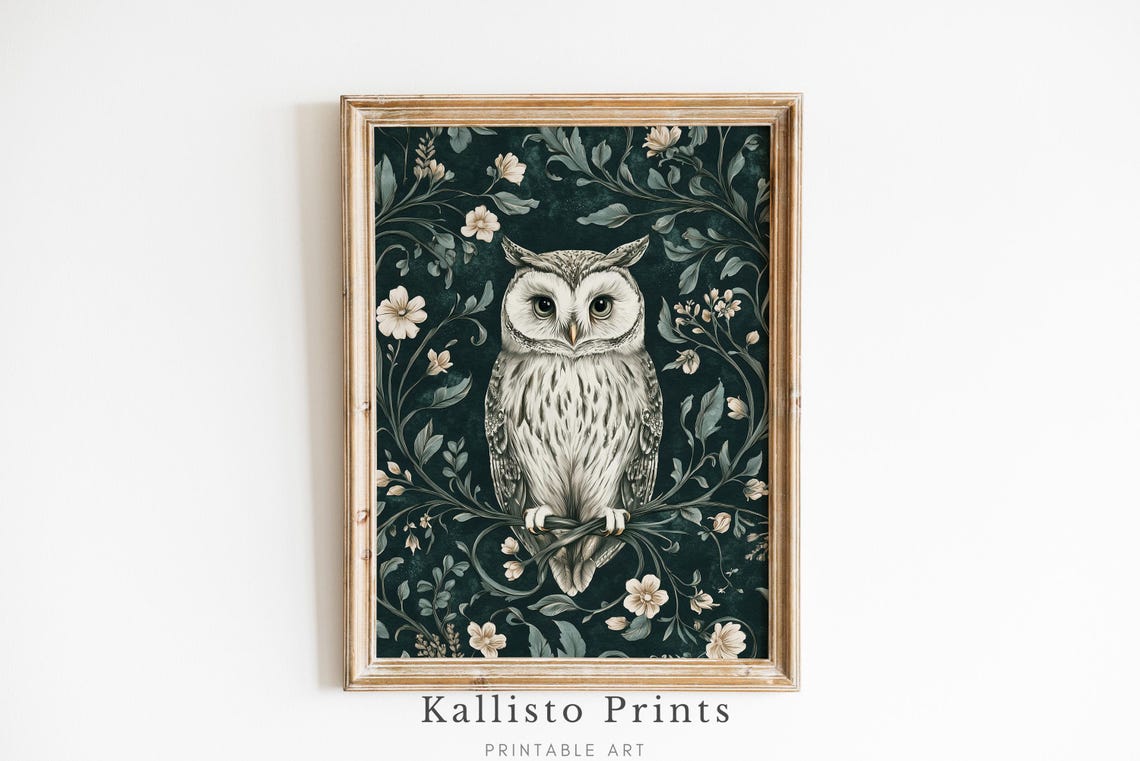 White Owl Floral Botanical Dark Moody Enchanted Animal Art Poster