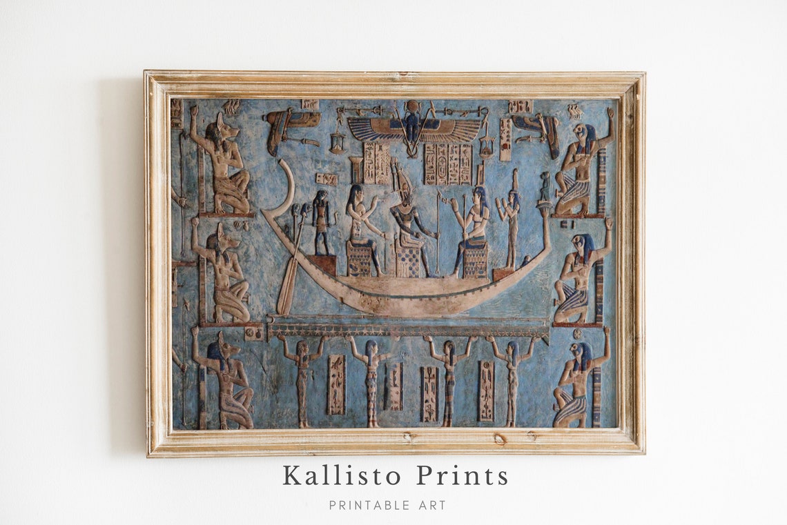 Ancient Egyptian Sacred Barque Relief With Gods And Hieroglyphs Poster