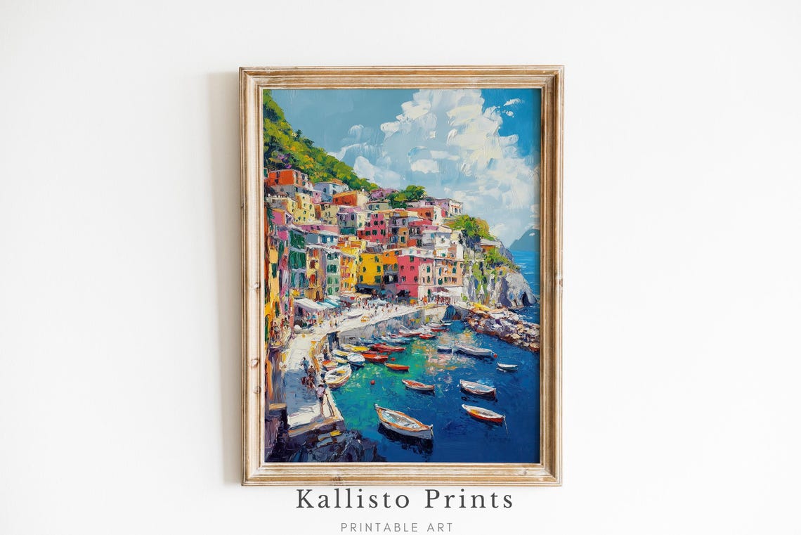 Colorful Cliffside Coastal Village Above Bright Harbor Poster