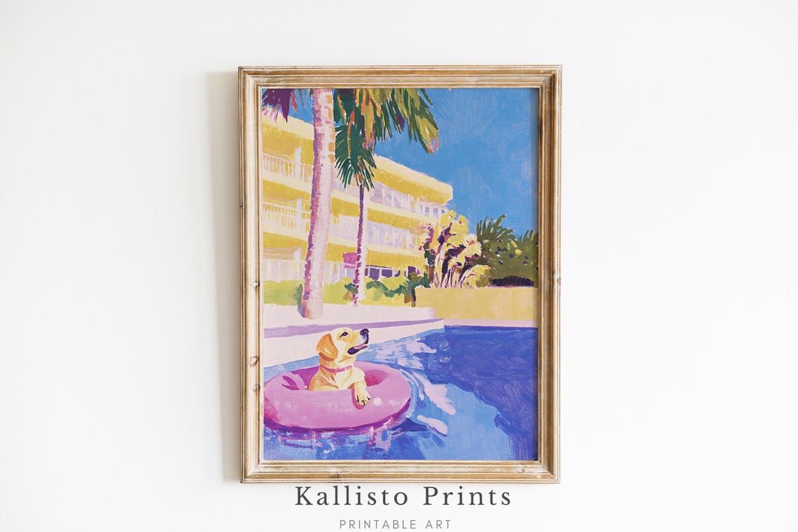 Golden Retriever Floating Pink Ring Pool Palm Hotel Summer Fun Poster