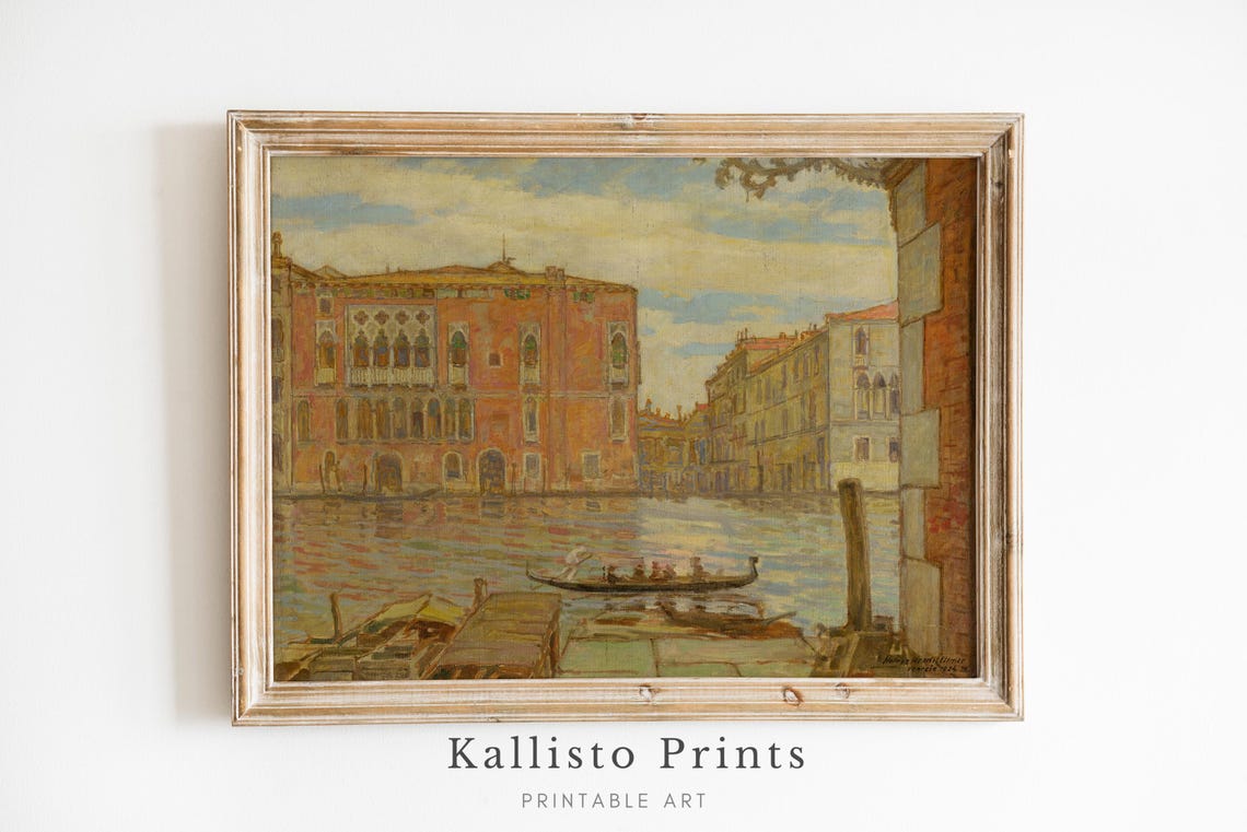 Venice Canal With Gondola And Pink Palazzo Vintage Italian Poster