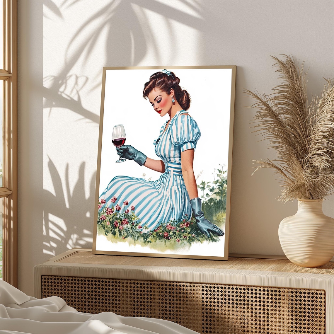 Vintage Pin Up Woman Wine Glass Blue Striped Dress Retro Glam Poster