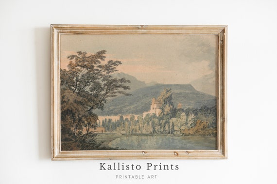 Castle Landscape Wall Art Tranquil Vintage Nature Scene Of Lakeside Forest And Distant Mountainsast26