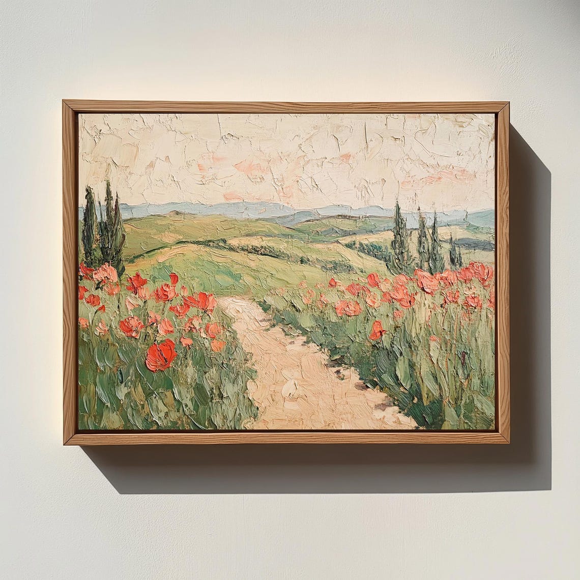 Winding Poppy Path Through Red Blooms And Green Hills Landscape Poster