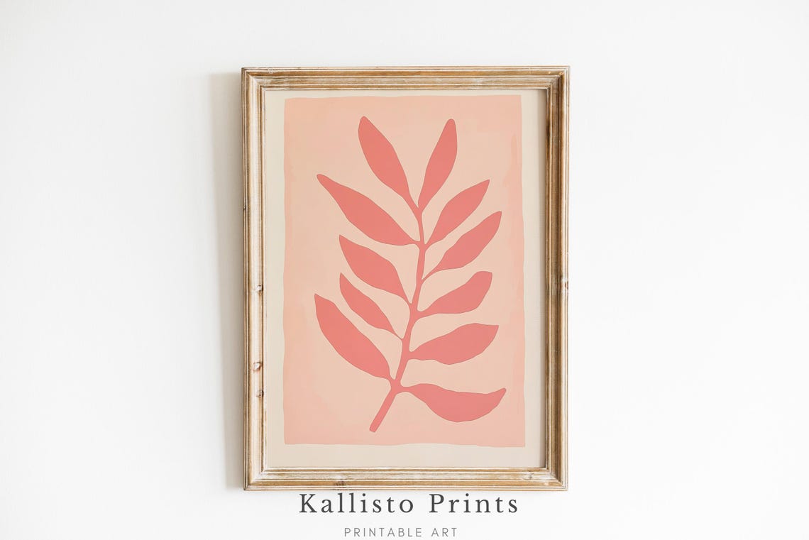 Minimalist Pink Botanical Poster Abstract Coral Leaf Modern Boho Art