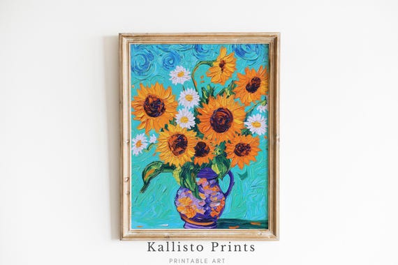 Bold Sunflower And Daisy Impasto Painting Vibrant Textured Floral Art Print In Turquoise Purple Joyful Wall Decor For Colorful 1282