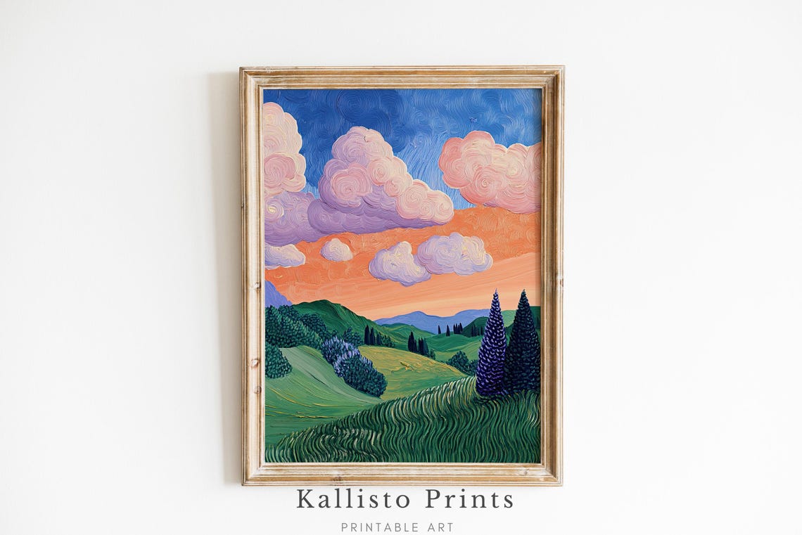 Whimsical Folk Art Rolling Hills Sunset Clouds Green Valley Poster