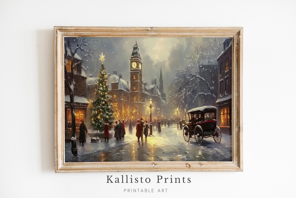 Vintage Christmas Market Art Print, Victorian Winter Scene