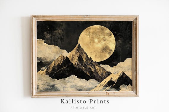 Golden Moon Mountain Landscape Modern Abstract Wall Art Printable832