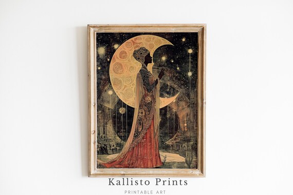 Celestial Goddess Silhouette Golden Crescent Moon Fantasy Poster