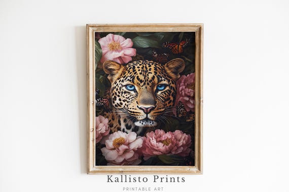 Leopard With Flowers Art Print Exotic Wildlife Wall Decor Natureinspired Artwork Floral Animal Painting846