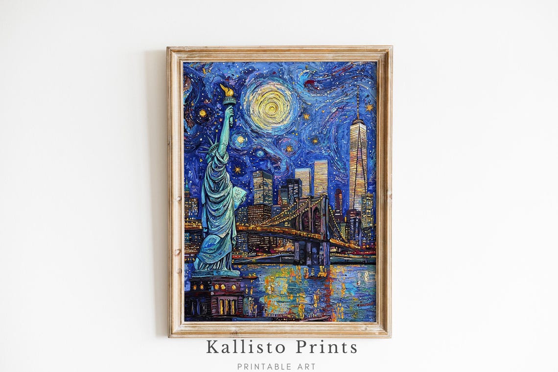 New York City Statue Of Liberty Starry Night Cityscape Poster