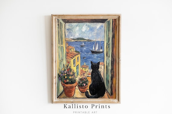 Black Cat On Window Sill Overlooking Sea Sailboats Coastal Town Poster