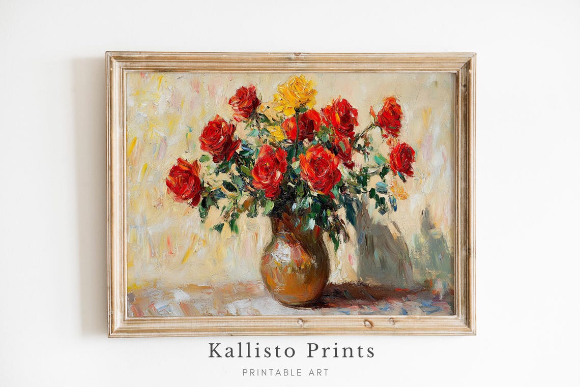Red And Yellow Roses In Rustic Vase Impressionist Floral Poster