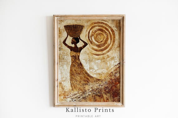 African Woman Wall Art Gold Textured Tribal Culture Print Abstract Ethnic Decor Boho Home Accent Afrocentric 955