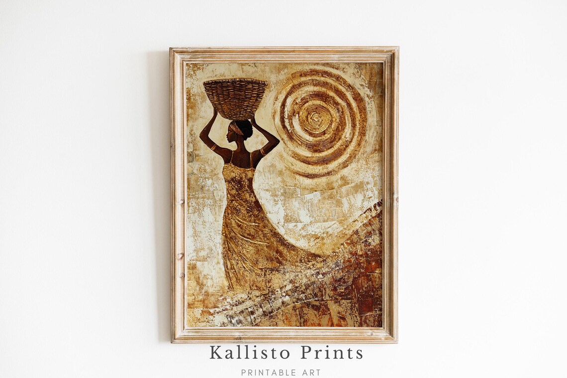 Textured Golden African Woman Basket Tribal Culture Elegant Wall Art