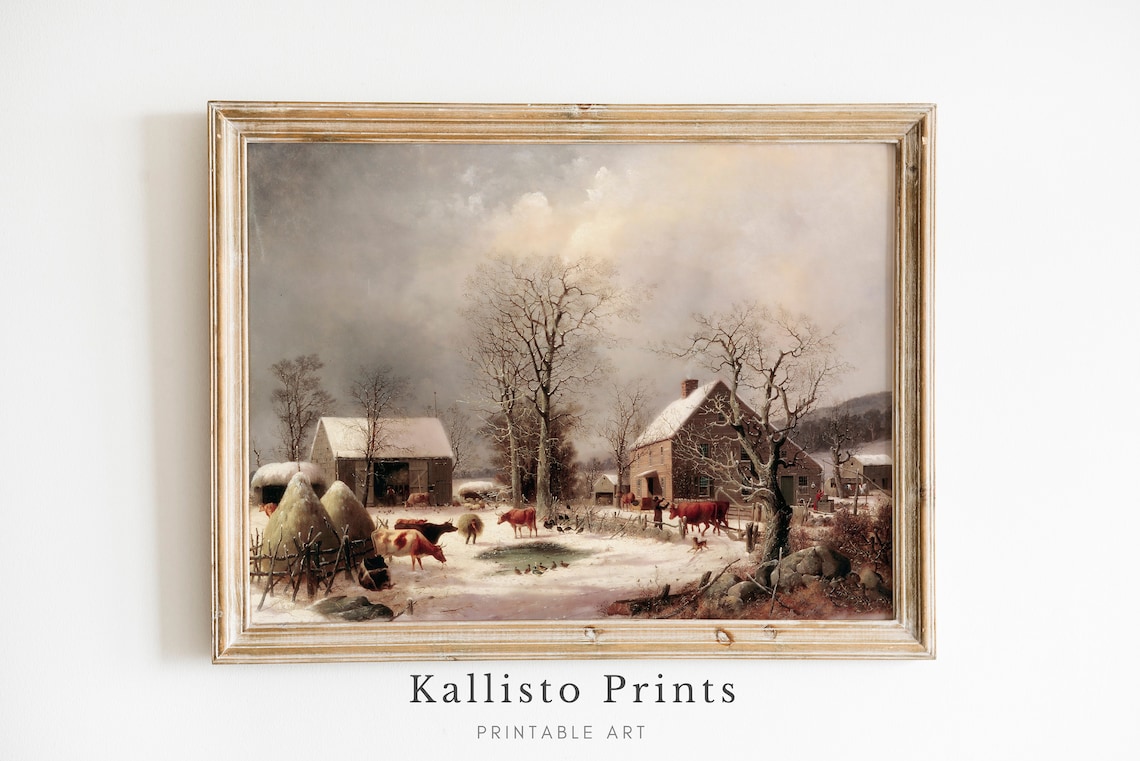 Vintage Winter Farm Landscape, Rustic Christmas Art Print