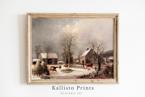 Vintage Winter Farm Landscape, Rustic Christmas Art Print