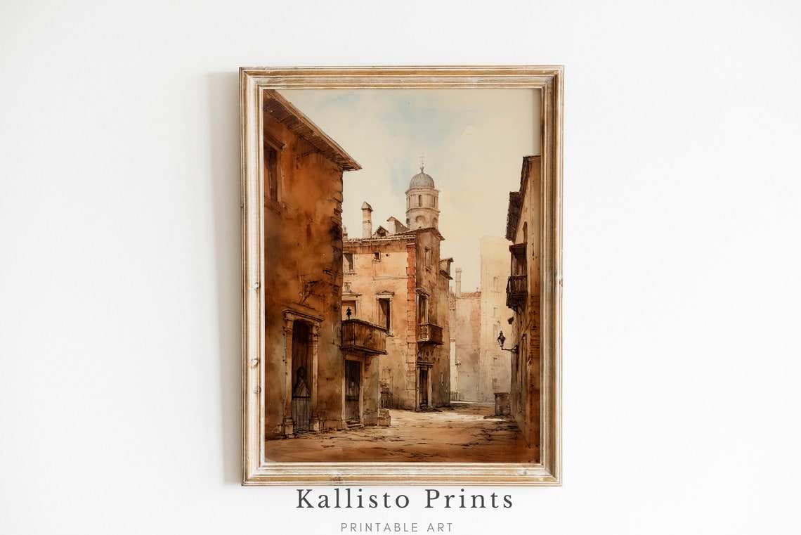 Old Italian Street With Domed Bell Tower Vintage Architecture Poster