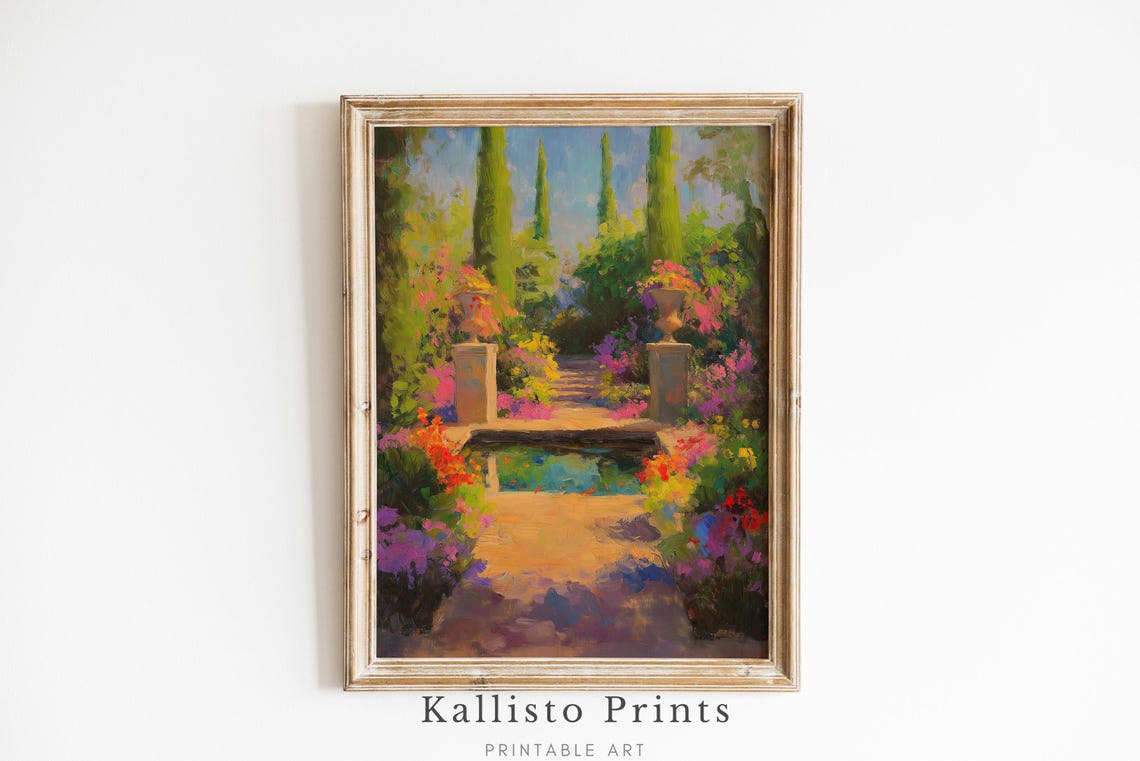 Italian Garden Path Stone Steps Fountain Cypress Flowers Print