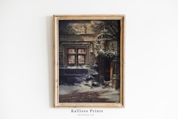 Snowcovered Gothic Window Art Print Vintage Winter Architecture Stained Glass Stone Wall Decor Oldworld Charm Printable242