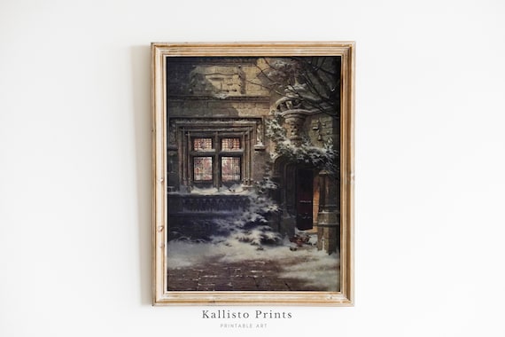 Snowy Gothic Stone Window With Stained Glass Winter Night Poster