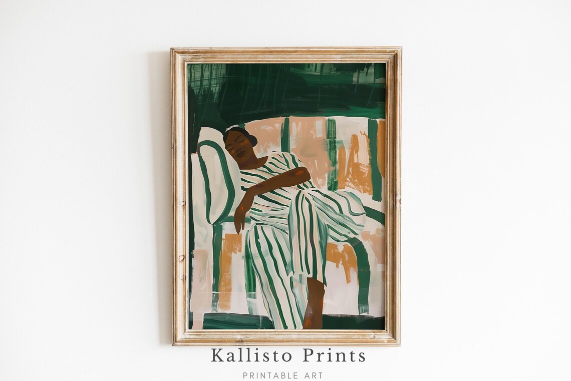 Relaxed Boho Woman Green Striped Dress Calm Minimalist Painting Poster