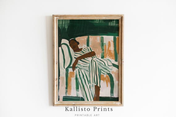 Relaxed Boho Woman Art Print Minimalist Green Striped Dress Calm And Cozy Wall Modern Home Decor664