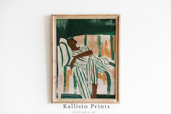 Relaxed Boho Woman Green Striped Dress Calm Minimalist Painting Poster