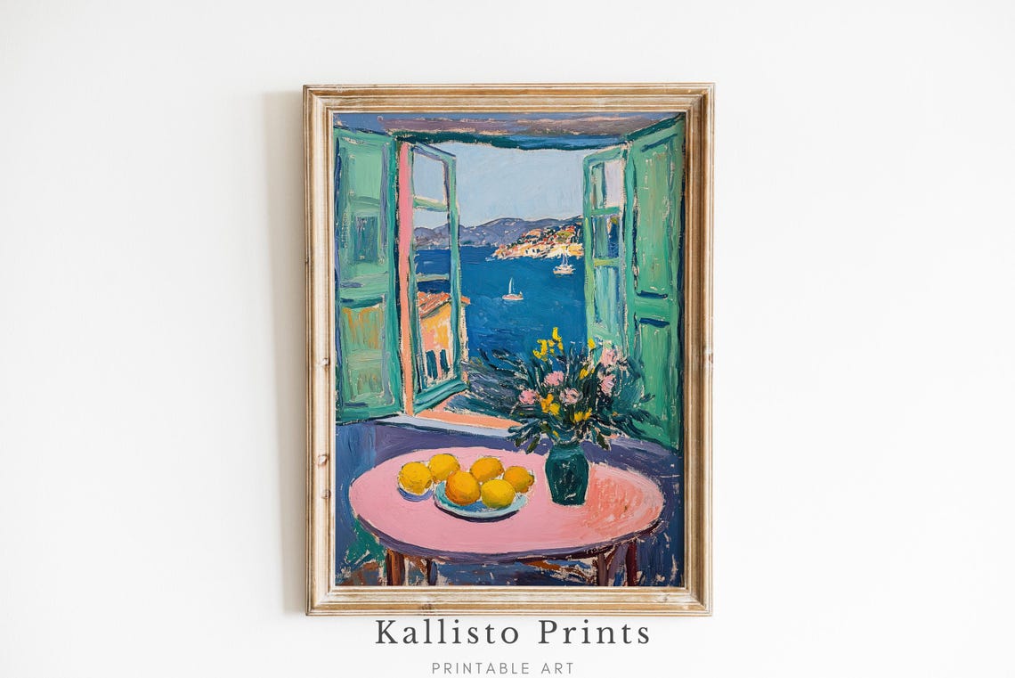 Open Window Sea View Lemons Flowers Mediterranean Coastal Table Poster