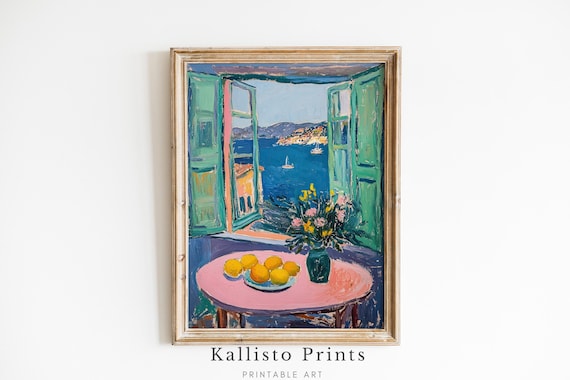 Open Window Sea View Lemons Flowers Mediterranean Coastal Table Poster
