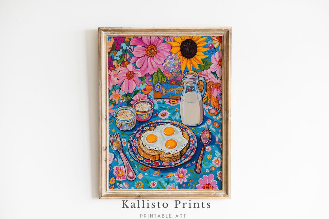 Colorful Breakfast Still Life Poster Fried Eggs Floral Kitchen Art