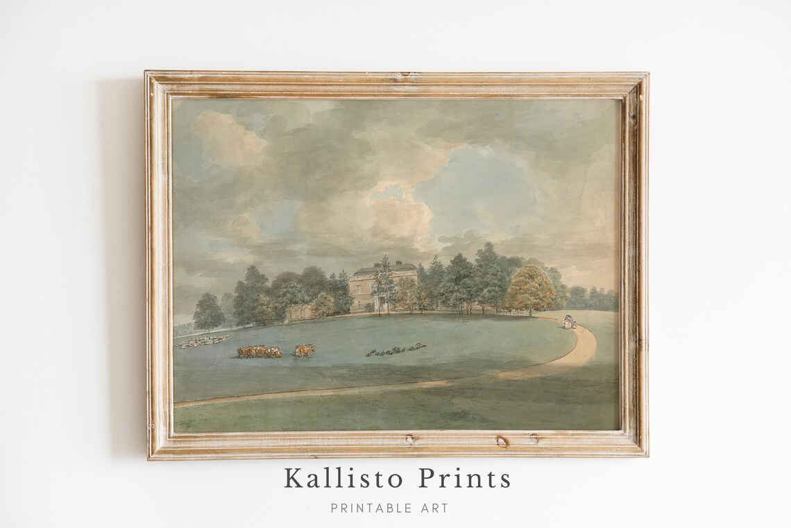 Vintage English Country Estate Painting Historic Pastoral Scene Poster