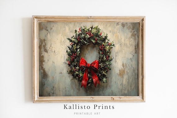 Holly Christmas Wreath Red Bow Rustic Vintage Painting Poster