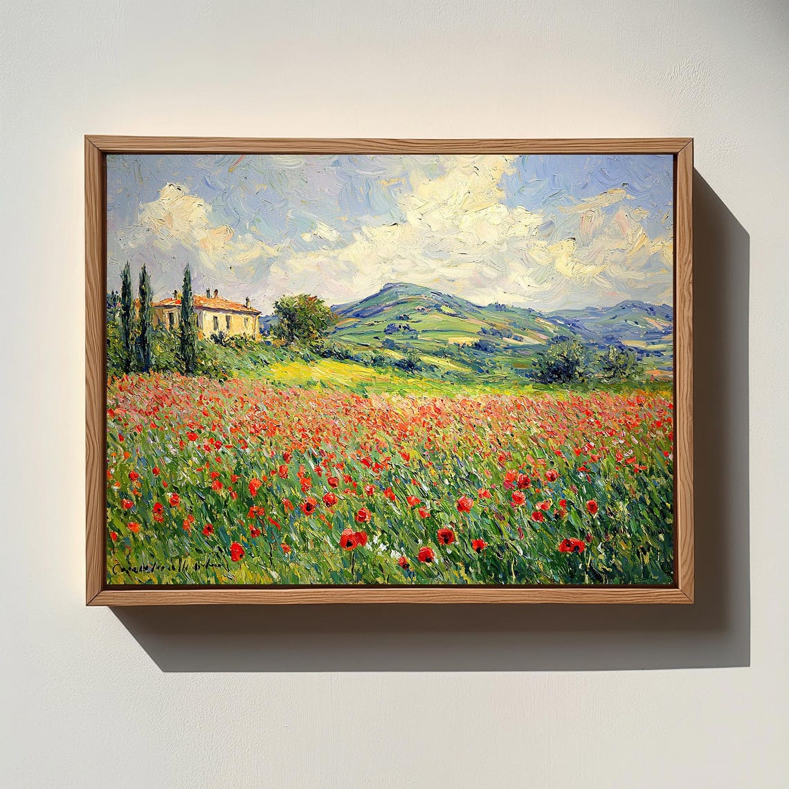 Tuscan Red Poppy Field With Villa And Green Mountains Poster