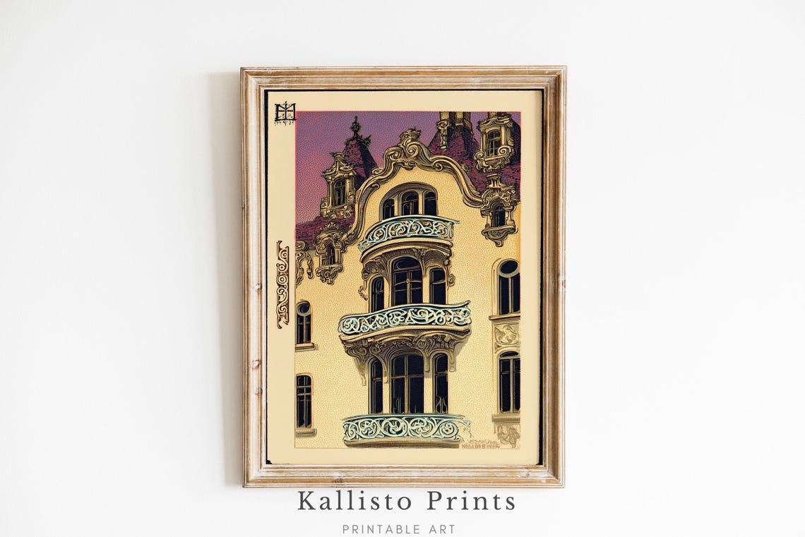 Art Nouveau Balcony French Building Ornate Ironwork Vintage Print