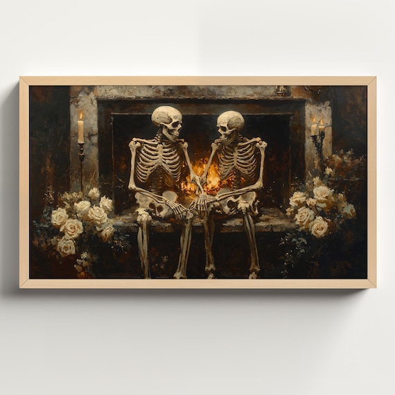 Skeleton Couple by Fireplace with White Roses Dark Academia Poster