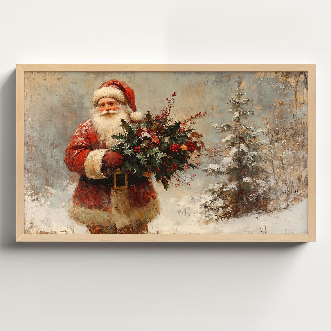 Vintage Santa Claus Carrying Holly Bouquet Snowy Landscape Art Poster