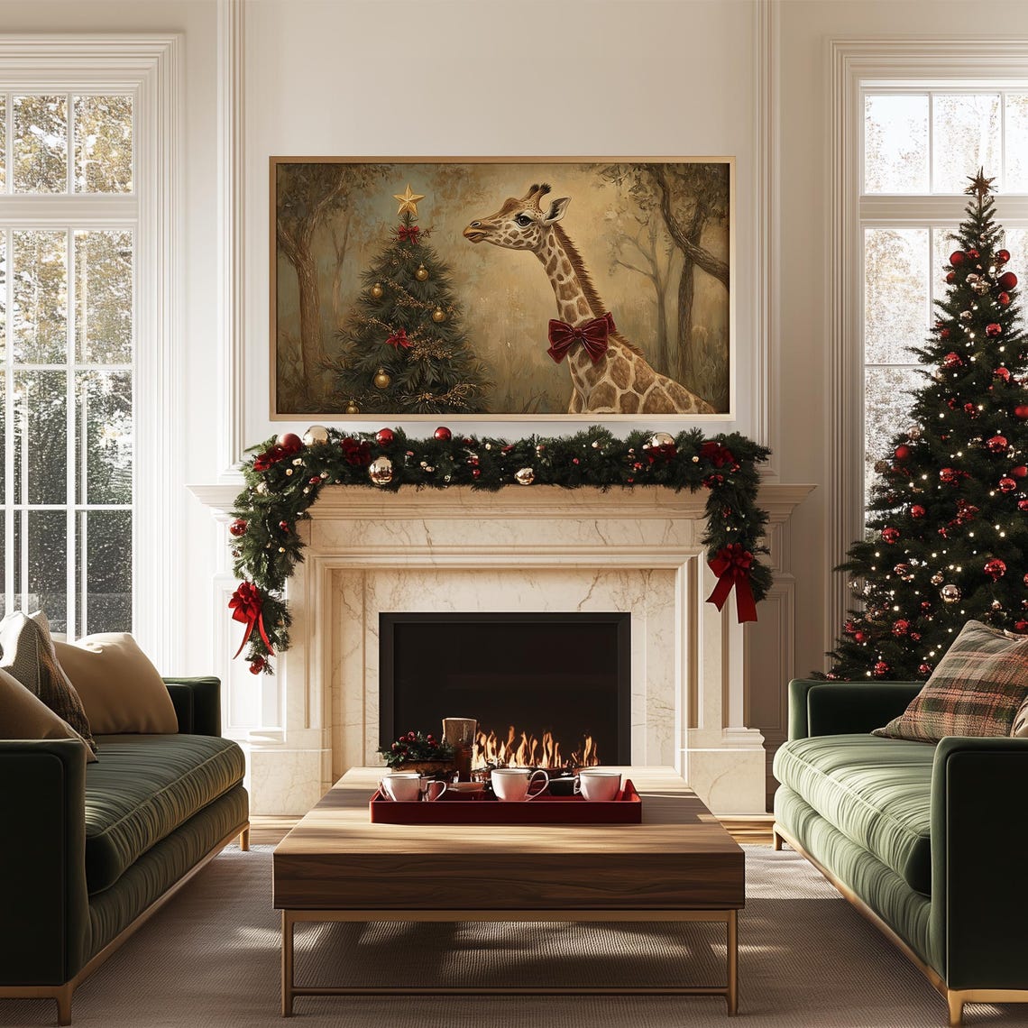 Giraffe Wearing a Red Bow Beside a Decorated Christmas Tree Poster - Image 5