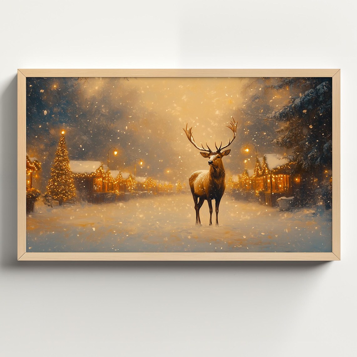 Majestic Stag In Snowy Christmas Market Street Vintage Art Poster