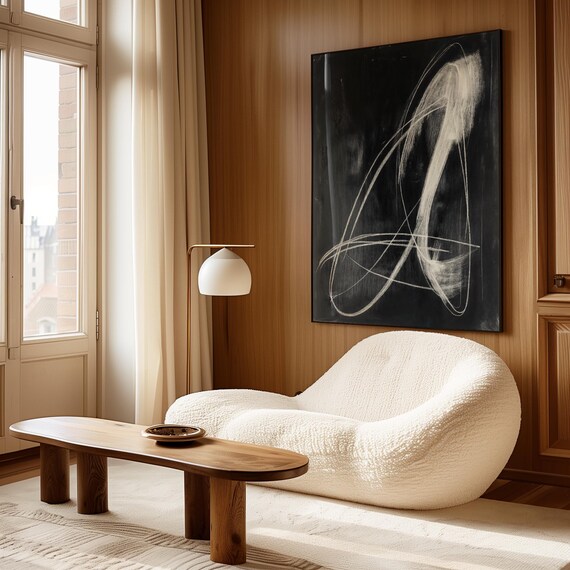 Modern Abstract Line Art Black And White Chalk Sketch Fine Art Monochromatic Print Contemporary Painting Original Minimalist Drawing X84
