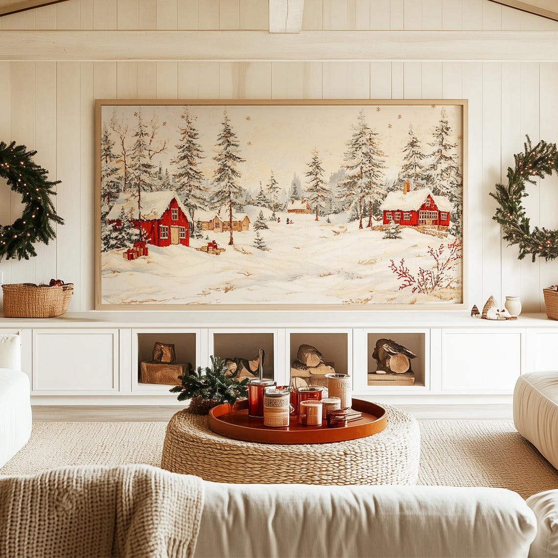 Red Barns in a Snowy Pine Forest Winter Village Christmas Poster - Image 3