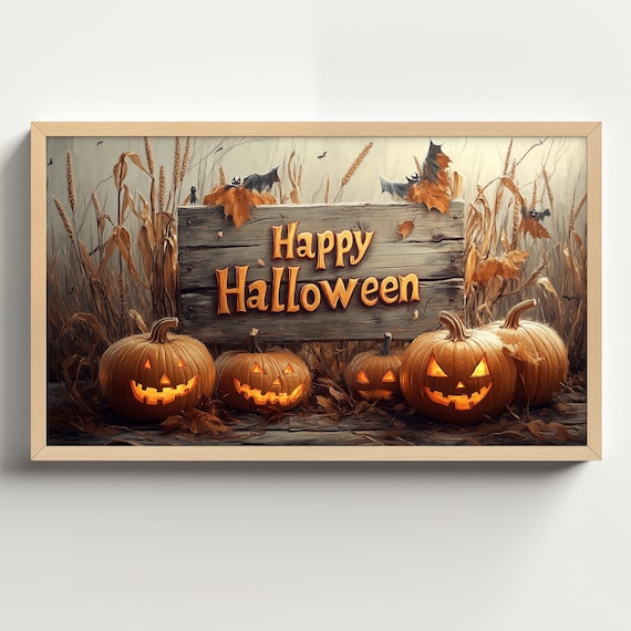 Happy Halloween Wooden Sign With Glowing Jack O Lanterns in Field Poster