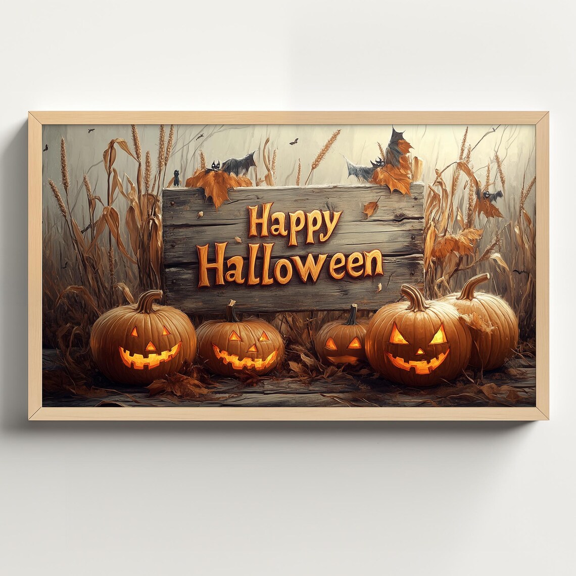 Happy Halloween Wooden Sign With Glowing Jack O Lanterns in Field Poster