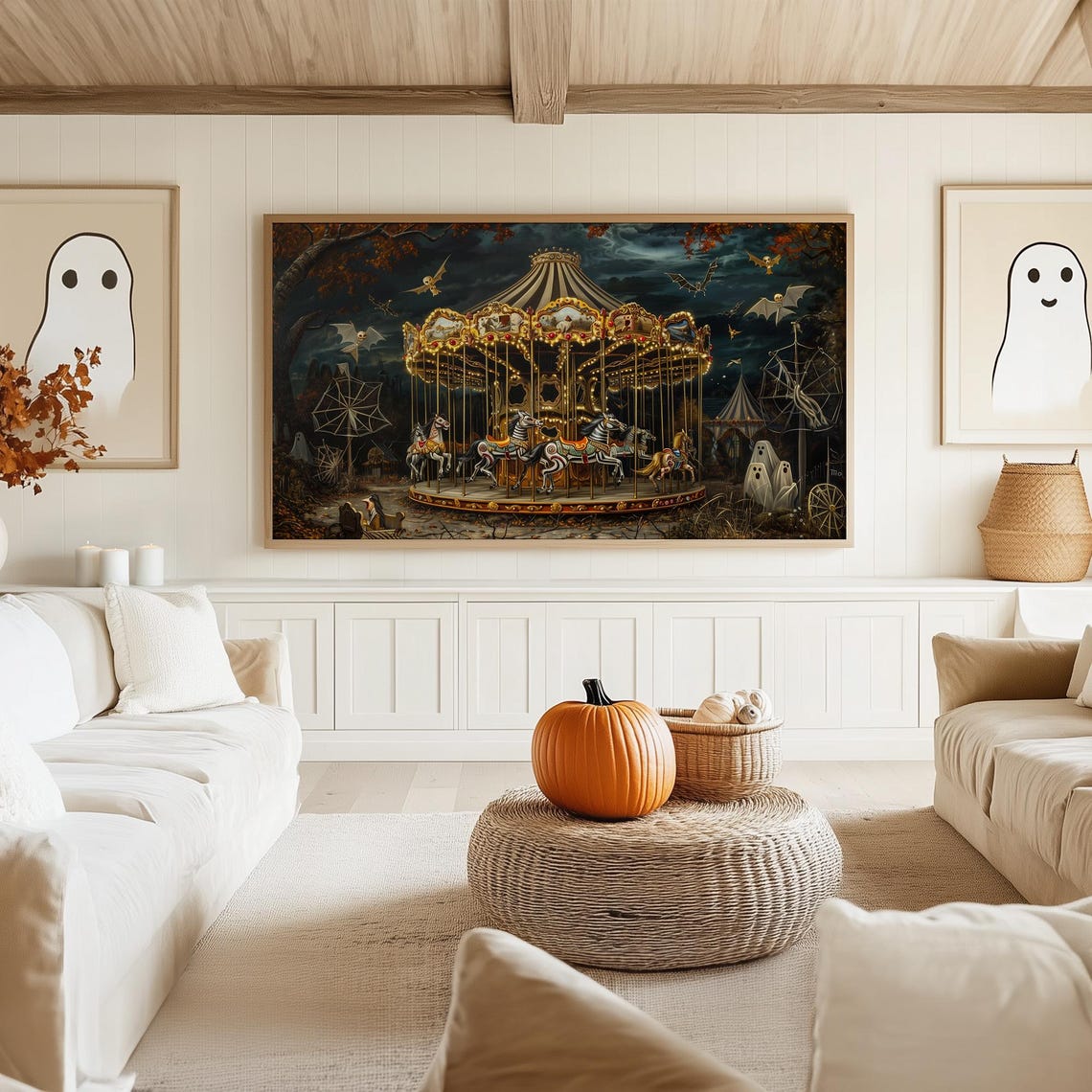 Haunted Carousel at Night With Skeleton Horses Bats and Ghosts Poster - Image 5