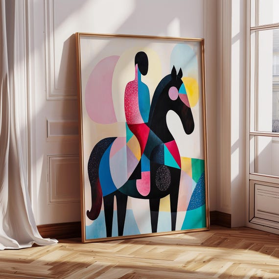 Colorful Horse Oil Painting On Original Minimalist Abstract Wall Art Print Bold Colors Large Mid Century Modern Contemporary Decor