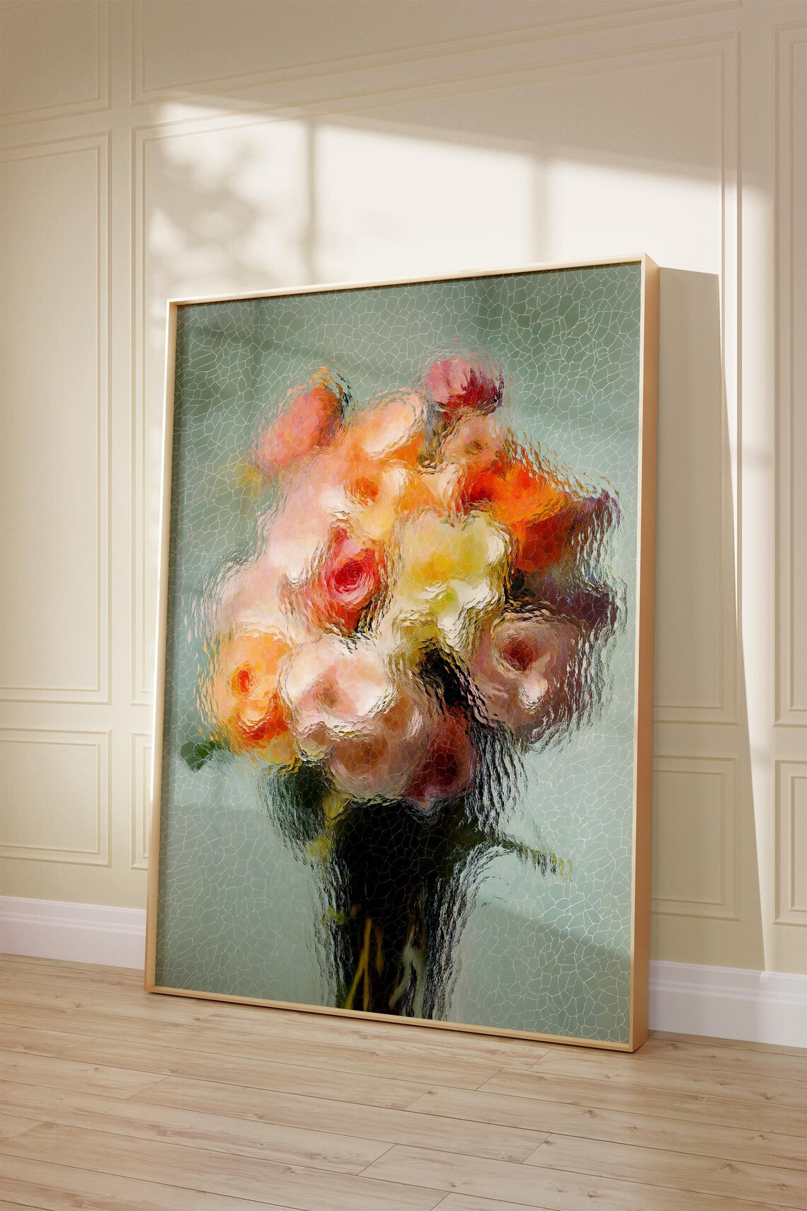 Roses Behind Textured Glass Pink Orange Bouquet Modern Art Poster