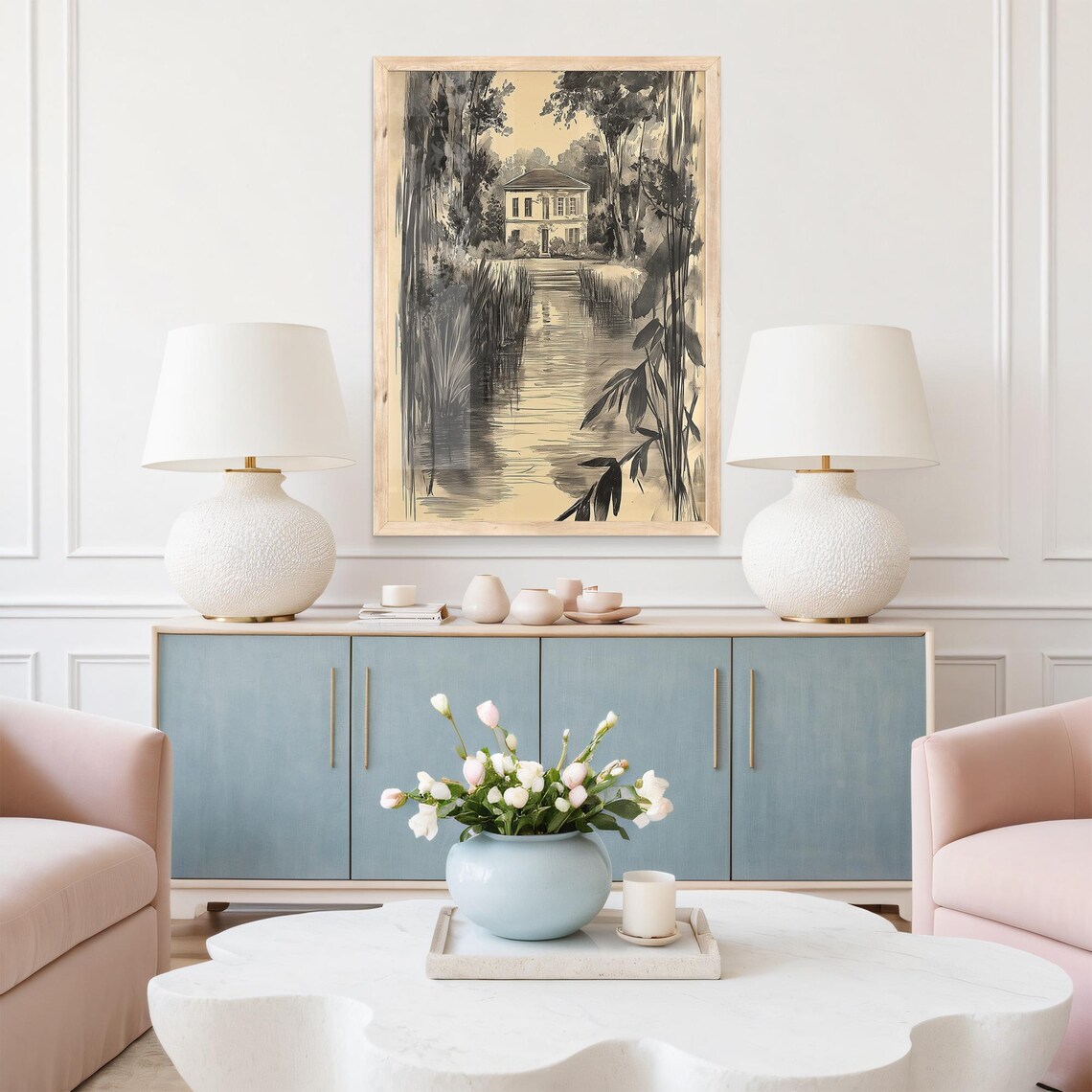 French Estate Garden Sketch, Vintage Art Print - Image 5